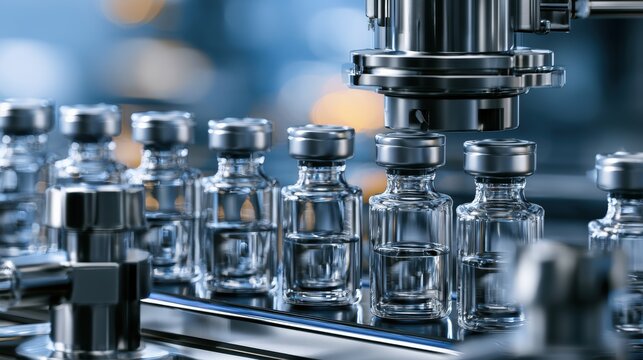 Medical vials on production line at pharmaceutical factory, Pharmaceutical machine working pharmaceutical glass bottles production line, health care, pandemic