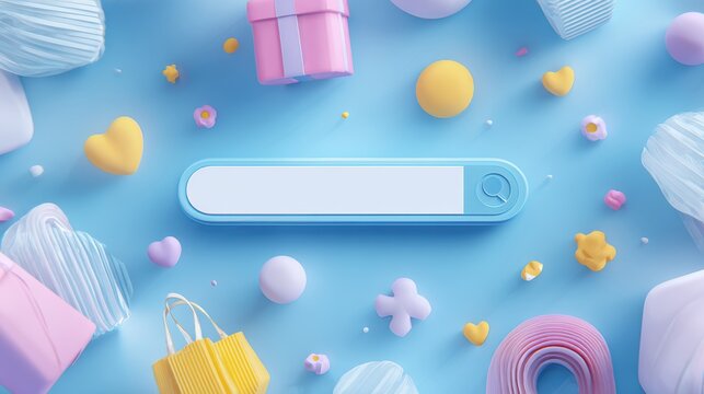 Minimal abstract background for online shopping e-commerce concept. Search bar surrounded with floating elements on blue background. 3d vector illustration