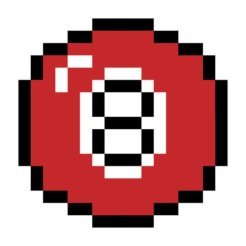 Retro 8-bit pixel art pool ball number eight icon for sports and gaming design