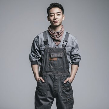Male workers in uniforms with natural smiles, emphasizing reliability, confidence, and professional skill in the studio set up light and background..