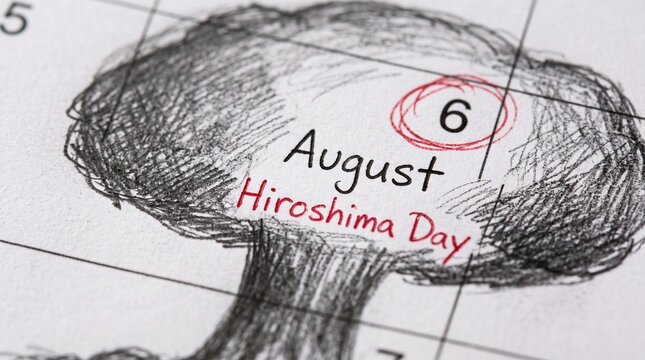 Hiroshima Day calendar showing August 6 circled in red with a pencil sketch of an atomic mushroom cloud. Memorial anniversary for peace and nuclear disarmament.