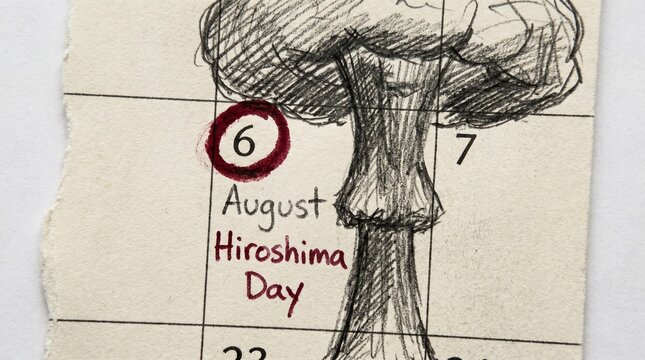 Hiroshima Day August 6th calendar illustration with a pencil sketch of a mushroom cloud on torn paper, red ink circle marking the date, somber historical memorial and anti-war concept.
