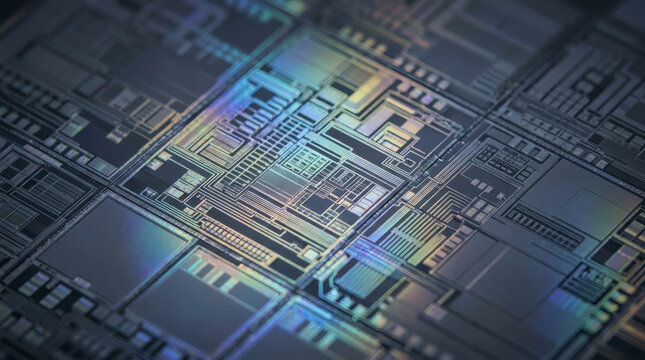 Futuristic nanotechnology microelectronics concept abstract multicolor laser etched geometric silicon wafer circuit macro close up iridescent semiconductor manufacturing b2b background