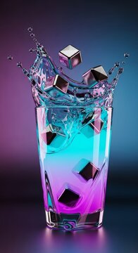 A futuristic glass filled with neon purple and cyan liquid features a dynamic splash of iridescent chrome and floating metallic ice cubes, studio, cocktail, background