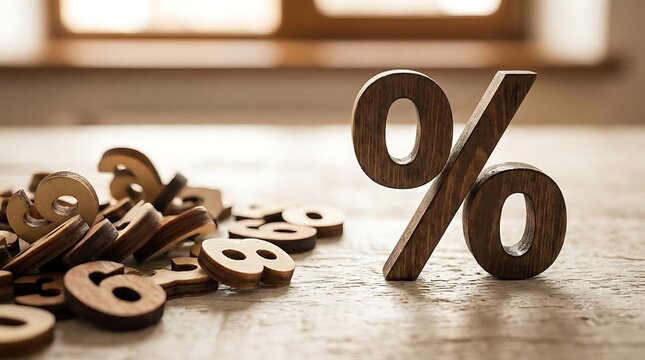 Wooden percent symbol and numbers on wooden surface