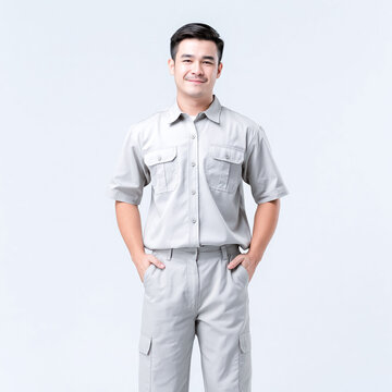 Male workers in uniforms with natural smiles, emphasizing reliability, confidence, and professional skill in the studio set up light and background..