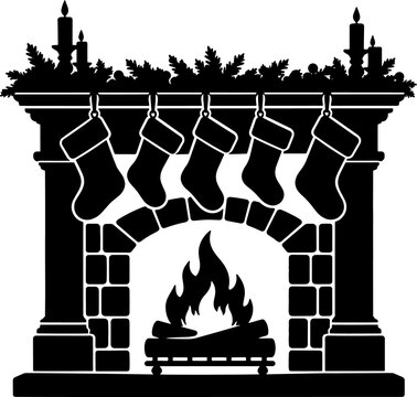 Christmas Fireplace with Hanging Stockings Silhouette
