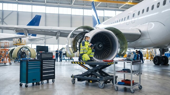 A professional aircraft mechanic performing maintenance on a jet engine inside a large hangar.