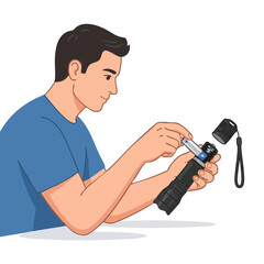 Fototapeta premium Man is changing flashlight batteries at home during the day