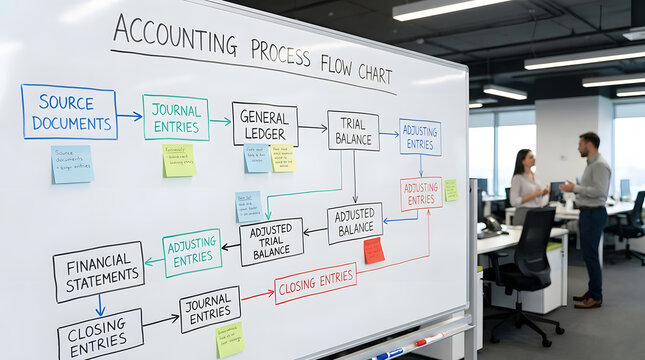 Accounting process flow chart on office whiteboard