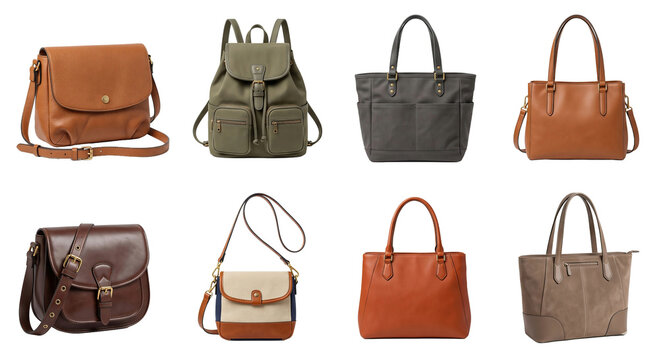 Collection of various leather handbags and backpacks high quality 4K PNG image in white high quality 4K PNG image in white background