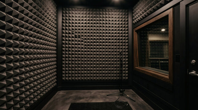 Professional recording studio acoustic foam pyramid sound absorption panel wall close up texture with repeating vertical and horizontal geometric soundproof tile grid background