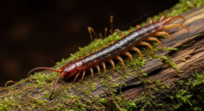 giant centipede or millipede with many legs on moss