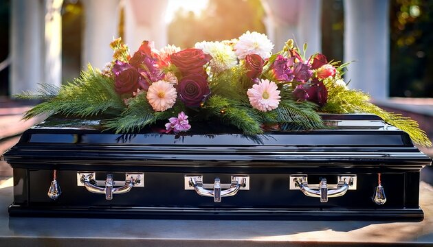 black casket with flowers on it at funeral cemetery service coffin