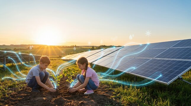 Young boy and girl planting small trees near solar panel farm with glowing clean energy digital lines.