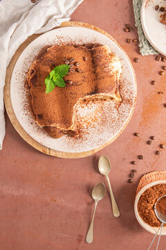 Top view of homemade traditional tiramisu cake