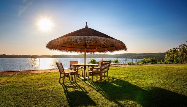 parasol with table and chairs