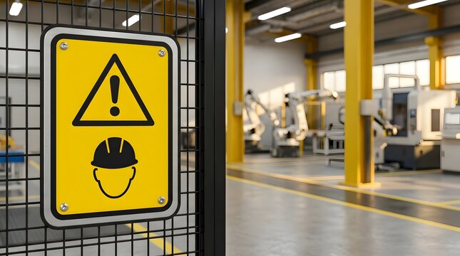 Industrial workplace safety concept with yellow hazard warning sign and hard hat symbol in automated manufacturing facility