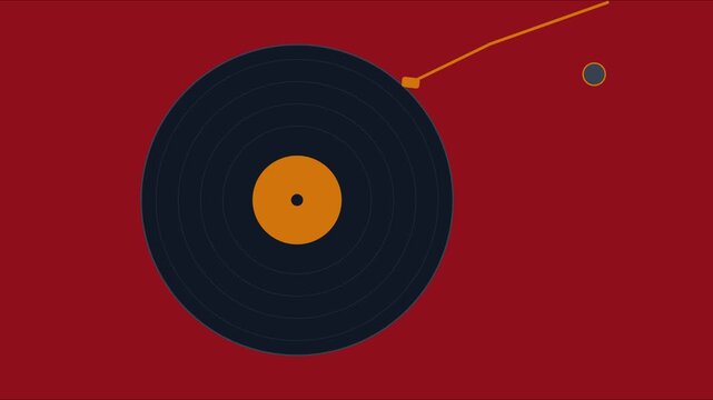 Minimalist vinyl record player animation with stylized turntable arm and rotating disc on red 4k background