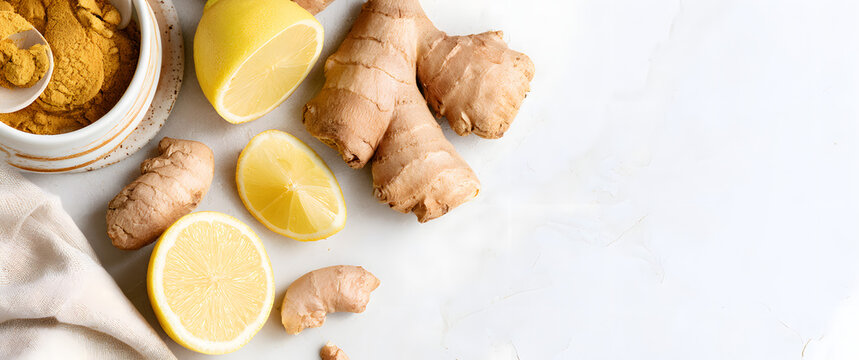 High-angle shot of ginger and lemon alongside clear copy space