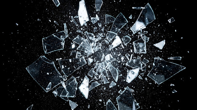 Explosion of broken glass fragments and sharp splinters scattered on dark black background creating dynamic shattered abstract motion effect for cinematic visual or design project work.