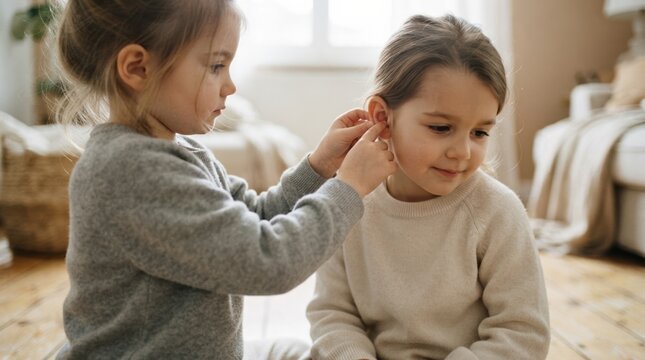 Two young caucasian girls playing together at home, one putting an earring on her sister