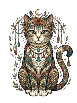 Mystical folk art cat with decorative patterns and flower crown