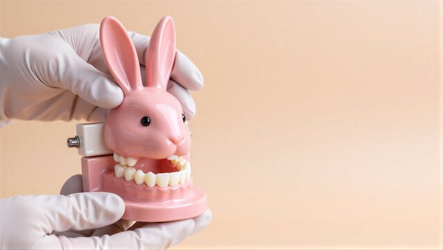 Gloved hands hold pink rabbit dental model with visible teeth.