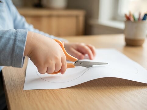 Young child holding orange safety scissors cutting paper shape at wooden table