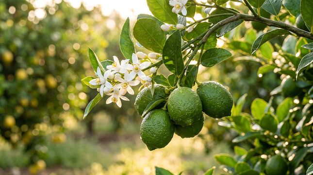 Fresh green lemons ripening on tree branch with white citrus blossoms in sunny orchard garden for agriculture and food production concept with natural bokeh background and sunlight.