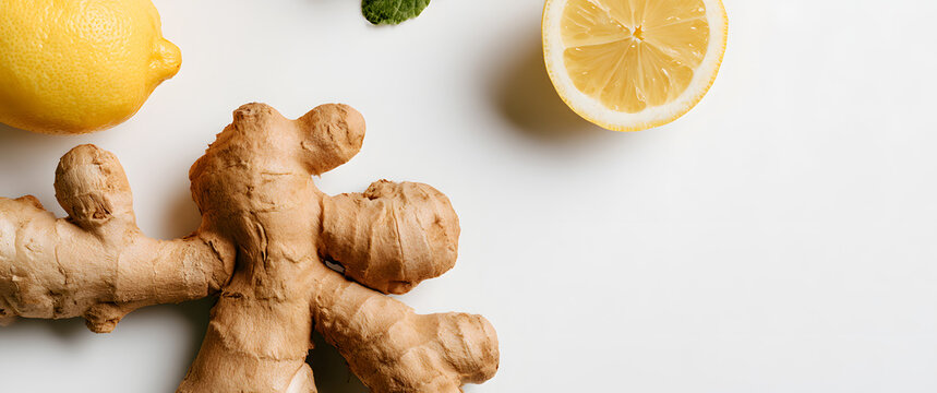 An elevated angle of ginger and lemon placed against a clear workspace