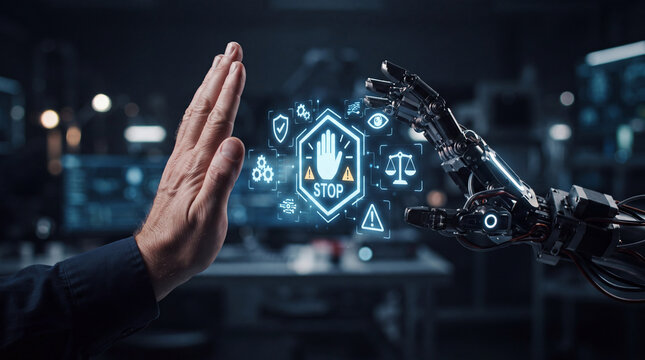 Human hand and robotic hand are depicted in dramatic scene, symbolizing tension between humanity and artificial intelligence. words RESIST AI emphasize conflict 