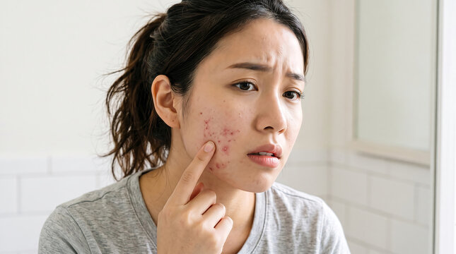 Upset asian woman looking at her reflection in mirror and touching skin affected by acne breakout while concerned about dermatological health issues and facial beauty imperfections.