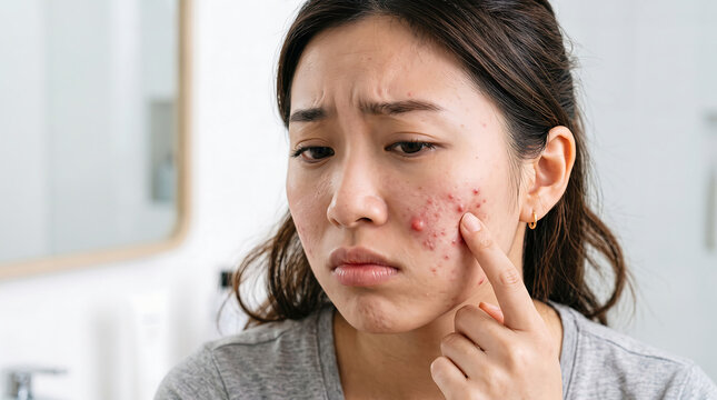 Stressed asian woman examining inflamed acne spots on her cheek in front of bathroom mirror struggling with skin texture issues and dermatological concerns while feeling quite unhappy.
