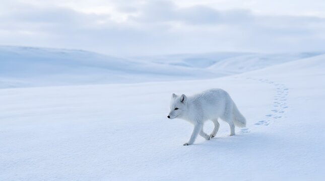Arctic fox walking across snowy winter tundra