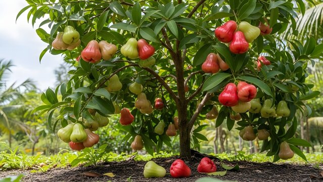 Green and Red Wax Apples Growing on a Lush Fruit Tree
