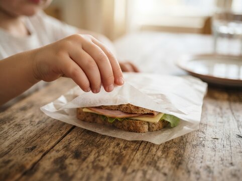 Young caucasian boy unwrap homemade ham and cheese sandwich on rustic wooden table for lunch