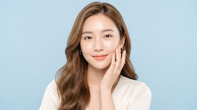 Close up portrait of beautiful young asian woman with clear skin touching cheek gently on light blue background studio beauty fashion photoshoot cosmetic skincare healthy glow model.
