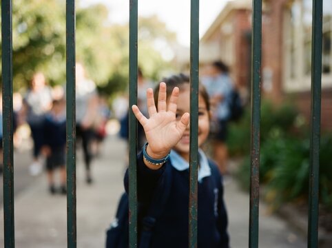 Young schoolgirl waving goodbye behind metal fence at primary school entrance