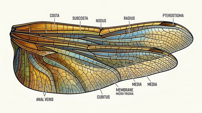 Dragonfly wing anatomy illustration showing vein structures
