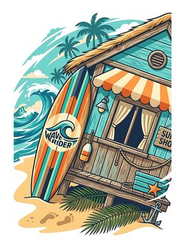 Tropical surf shop on a beach with a surfboard and ocean waves