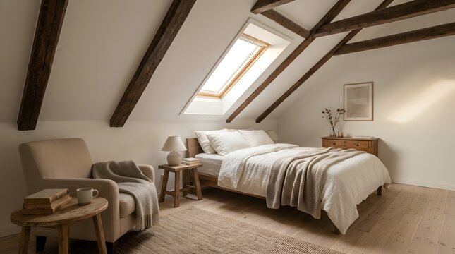 Cozy attic bedroom interior with slanted ceiling and skylight