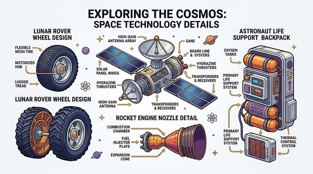 Detailed infographic showing space exploration technology and equipment