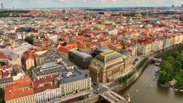 Prague colorful rooftops across historic districts. Prague from wide aerial view. Prague architecture with European charm. Prague capital cityscape.