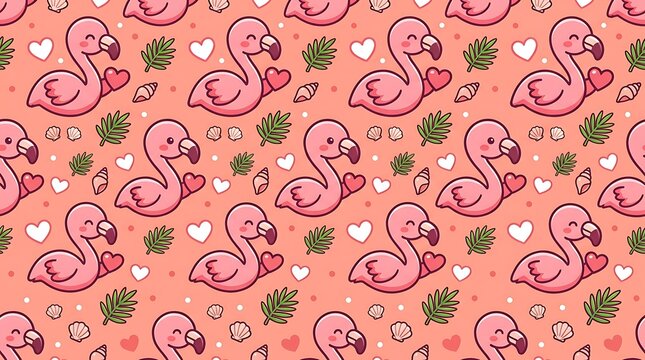 Cute flamingo seamless pattern with hearts and tropical leaves