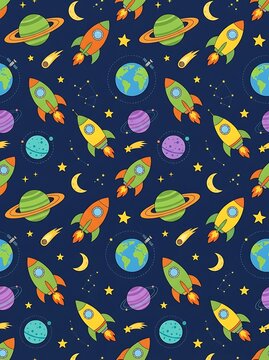 Playful space pattern with rockets and planets on navy background