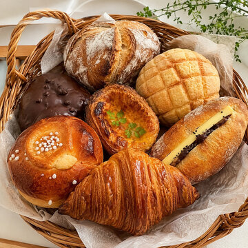 Fresh Baked Bread Collection with Croissant, Melon Bread and Artisan Loaf