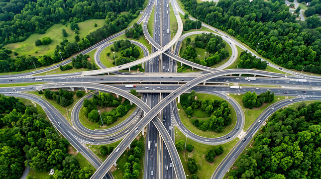 Aerial view of highway interchange. Complex road junction with green forest surroundings.