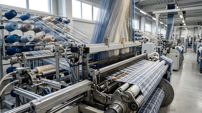 Industrial loom machine weaving blue and white textile fabric