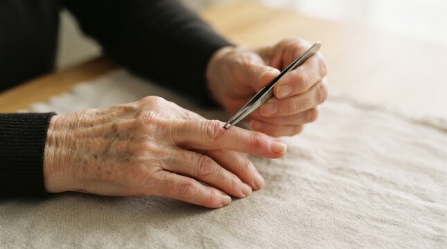 Elderly woman using tweezers to remove a splinter or care for a finger injury at home representing senior healthcare